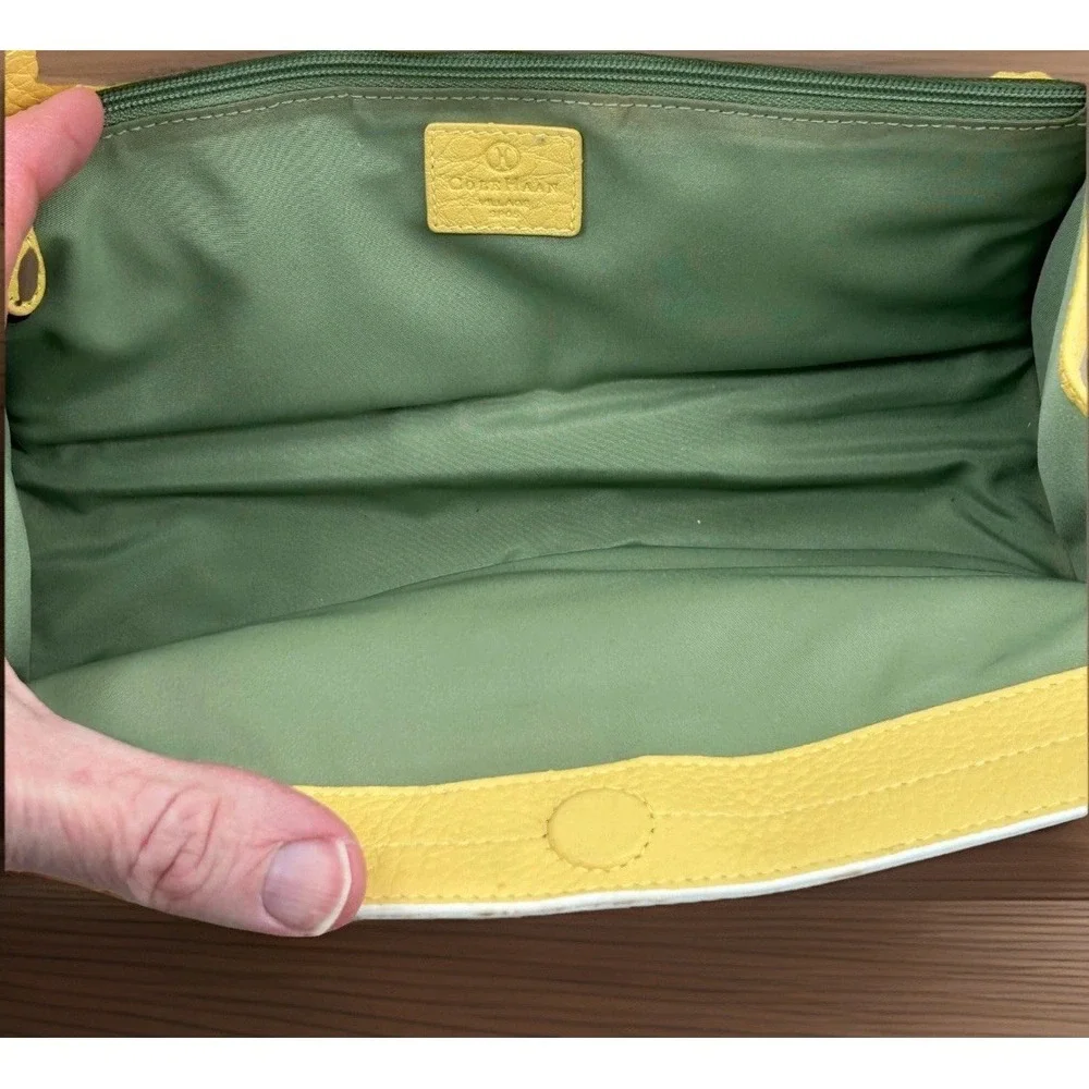 Womens Cole‎ Haan Village Large Cosmetic Case Yellow Pebbled Studded Leather Bag